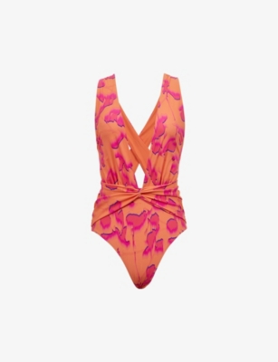 REISS: Beatrix floral-print stretch recycled-nylon swimsuit