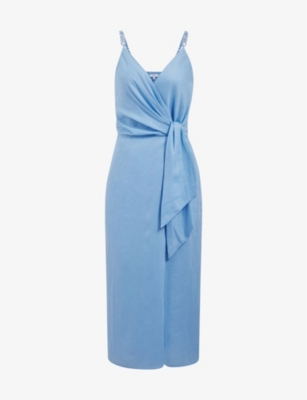 Reiss Womens Blue Esme Chain-strap Linen Midi Dress