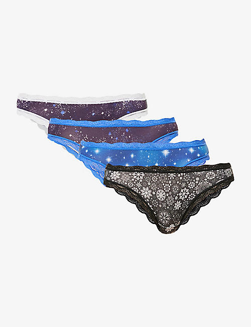 STRIPE & STARE: Starry Night printed mid-rise pack of four stretch-woven briefs