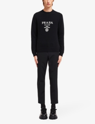 Shop Prada Mens Black Intarsia-logo Crewneck Wool And Cashmere-blend Knitted Jumper