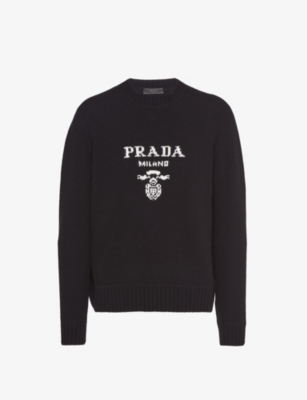 Shop Prada Intarsia-logo Crewneck Wool And Cashmere-blend Knitted Jumper In Black