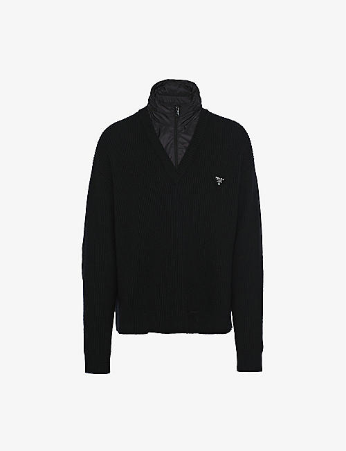 PRADA: Re-Nylon logo-embroidered regular-fit wool-blend and recycled-polyamide hoody