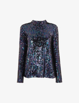 Silver Sequin High Neck Long Sleeve Top