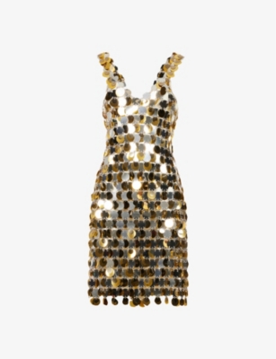 RABANNE PACO RABANNE WOMENS SILVER GOLD MIRRORED-DISC SLIM-FIT EMBELLISHED MINI DRESS,62364189