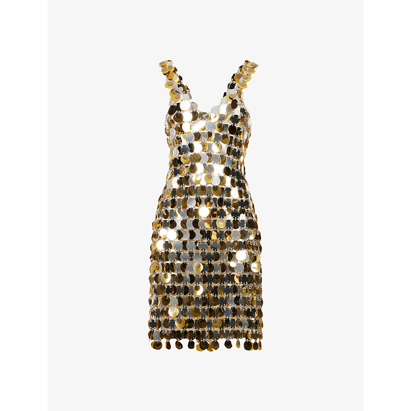 PACO RABANNE PACO RABANNE WOMENS SILVER GOLD MIRRORED-DISC SLIM-FIT EMBELLISHED MINI DRESS,62364189