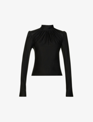 Rabanne High-neck Gathered Stretch-woven Top In Black