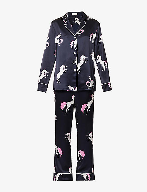 OLIVIA VON HALLE: Lila unicorn-print silk pyjamas