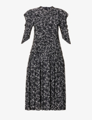 Proenza Schouler Leafy Puff-sleeve Midi-dress In Black/white Multi