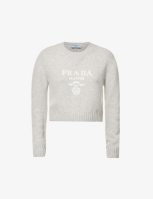 PRADA PRADA WOMEN'S MARMO BRAND-PATTERN CROPPED WOOL-BLEND KNITTED JUMPER,62407053