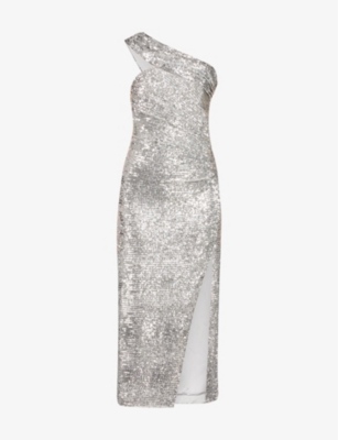 JONATHAN SIMKHAI SIMKHAI WOMENS SILVER ZAY SEQUIN-EMBELLISHED SPLIT-HEM WOVEN MIDI DRESS,62409859