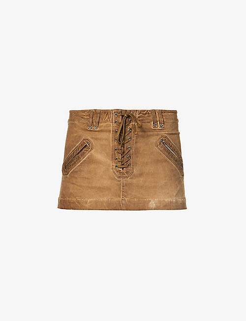 GUESS: Lace-up high-rise stretch-canvas mini skirt