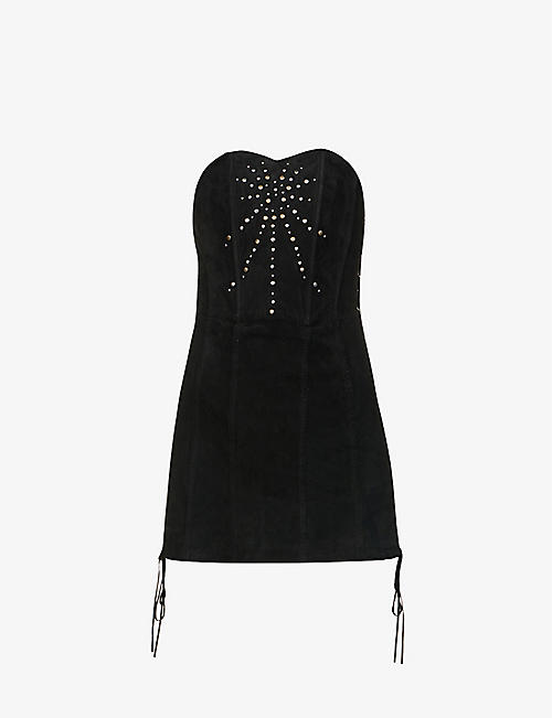 GUESS: Stud-embellished strapless leather mini dress