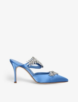 MANOLO BLAHNIK MANOLO BLAHNIK WOMEN'S BLUE LURUM CRYSTAL-EMBELLISHED SATIN HEELED MULES,62432994