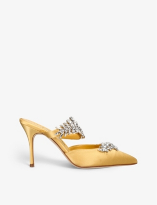 Manolo Blahnik Lurum 90 Crystal-embellished Satin Mules In Mustard