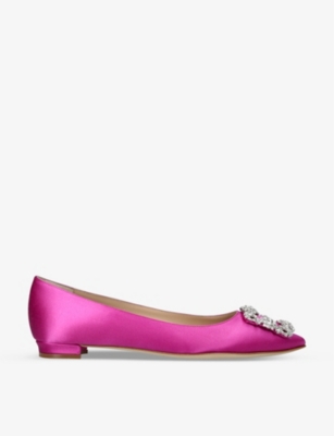 MANOLO BLAHNIK MANOLO BLAHNIK WOMEN'S PINK HANGISI CRYSTAL-EMBELLISHED SATIN FLATS,62433984