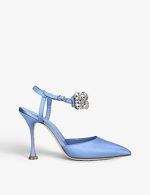 MANOLO BLAHNIK: Mabina 105 crystal-embellished satin heeled courts