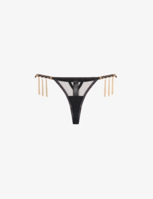 Bluebella Aurora Sheer-panel Mid-rise Stretch-lace Thong In Black Gold