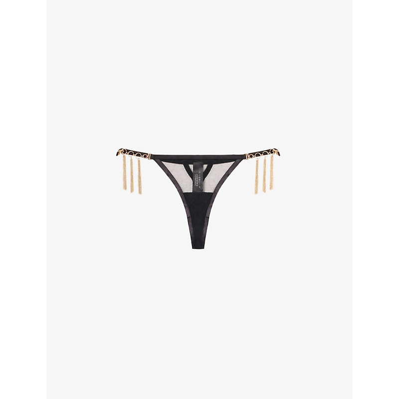 Bluebella Aurora Sheer-panel Mid-rise Stretch-lace Thong In Black Gold