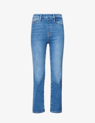 Good American Womens Indigo490 Pull On Straight Faded-wash Straight High-rise Stretch-denim Jeans