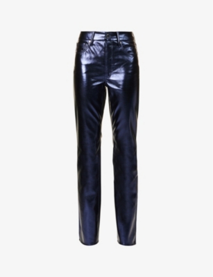 Good American Womens Blue Rinse Metallic Good Icon Straight-leg Mid-rise Faux Leather Trousers