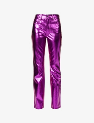 GOOD AMERICAN GOOD AMERICAN WOMEN'S POP THISTLE METALLIC GOOD ICON STRAIGHT-LEG MID-RISE FAUX LEATHER TROUSERS,62451599