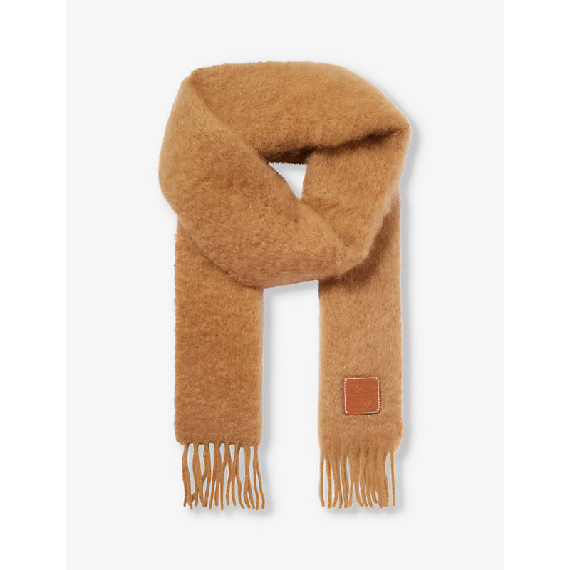 Loewe Womens Camel Anagram-patch Mohair And Wool-blend Scarf