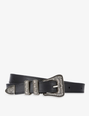 The Kooples Mens Bla01 Engraved Buckle Leather Belt In Black/silver