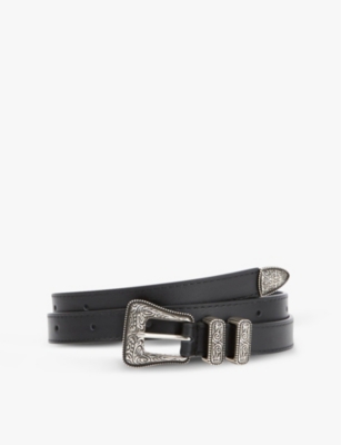 The Kooples Mens Bla01 Engraved Buckle Leather Belt In Black/silver