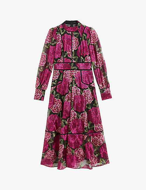 TED BAKER: Auubrey floral-embroidered high-neck woven midi dress
