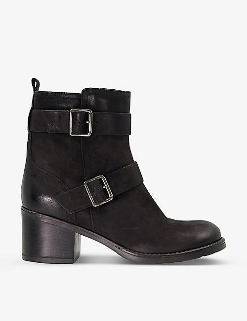 DUNE: Poser buckled-strap heeled nubuck-leather ankle boots