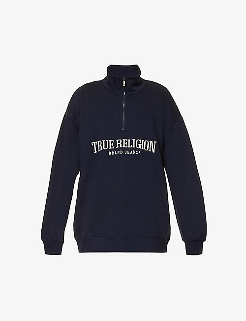 TRUE RELIGION: Logo-embroidered half-zip cotton-blend sweatshirt