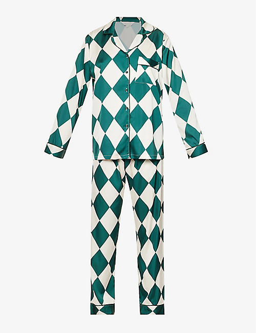 THE NAP CO: Diamond-pattern contrast-piping stretch-satin pyjamas