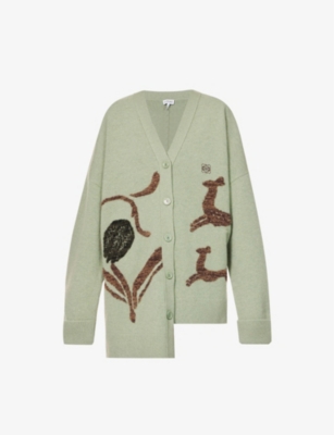 LOEWE Deer logo embroidered wool blend knitted cardigan Selfridges