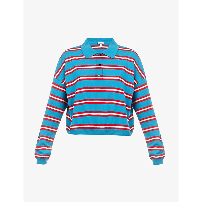 LOEWE LOEWE WOMENS BLUE RED STRIPED RELAXED-FIT WOOL-KNITTED POLO SHIRT,62514119
