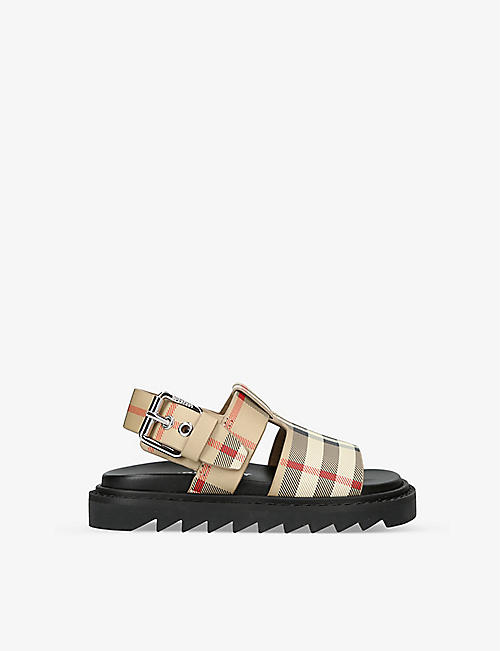 BURBERRY: Axuburton check-pattern ankle-strap leather sandals 3-4 years