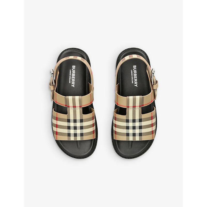 Shop Burberry Axuburton Check-pattern Ankle-strap Leather Sandals 5-9 Years In Beige Comb