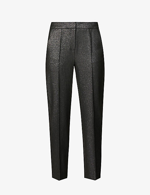 ME AND EM: Cropped slim-leg high-rise metallic-woven trousers