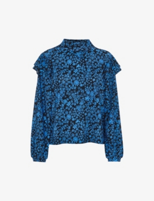 Whistles Cotton Printed Frilled Shoulder Top In Blue/multi