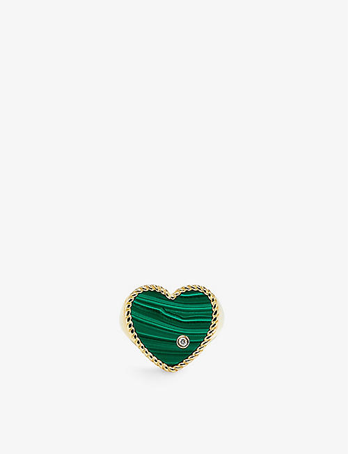 YVONNE LEON: Chevaliere Coeur 9ct yellow-gold, 0.02ct diamond and malachite signet ring