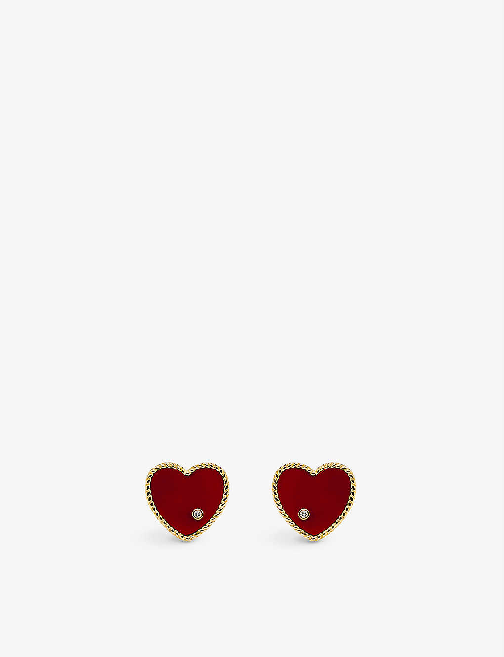 Yvonne Léon Heart 9ct Yellow-gold, 0.02ct Brilliant-cut Diamond And Red Agate Stud Earrings In 9k Yg- Agate