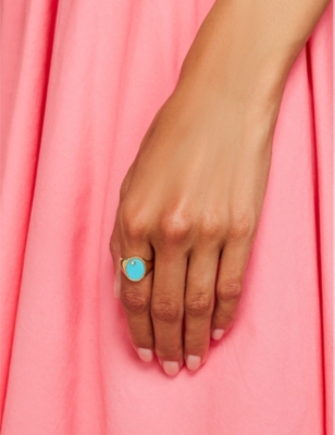 YVONNE LEON: Chevalière 9ct yellow-gold, 0.015ct diamond and 1ct turquoise signet ring