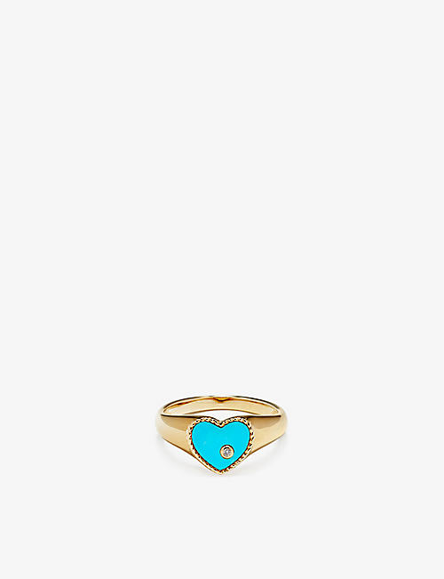YVONNE LEON: Chevaliere Coeur 9ct yellow-gold, 0.02ct brilliant-cut diamond and 2.5ct turquoise signet ring