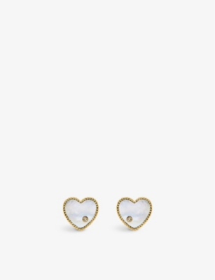 Yvonne Léon Heart 9ct Yellow-gold, 0.02ct Brilliant-cut Diamond And Mother-of-pearl Stud Earrings In 9k Yg Pearl