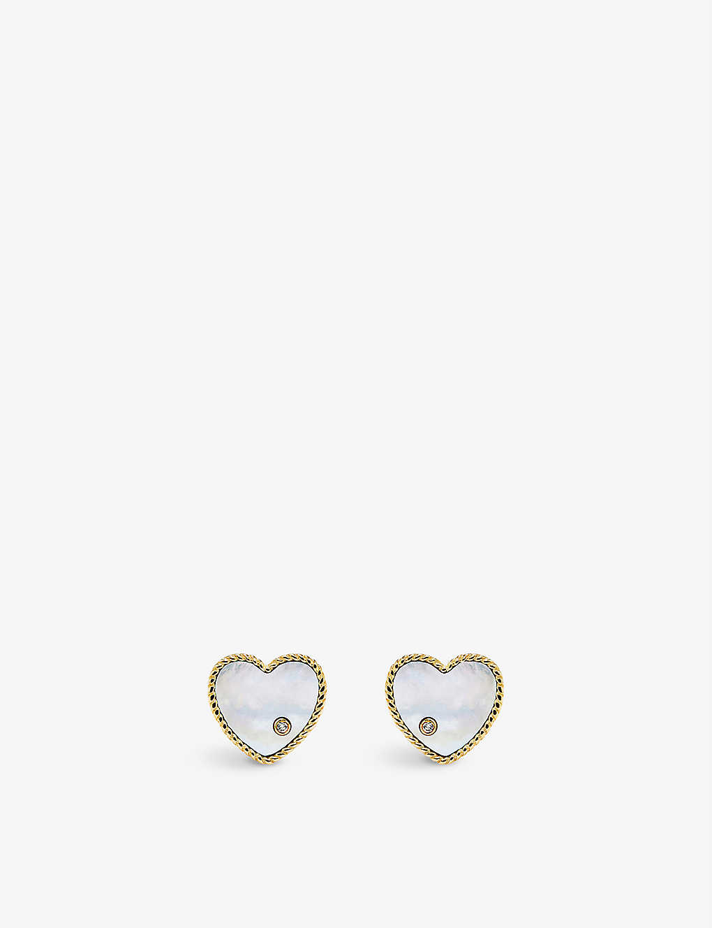 Yvonne Léon Heart 9ct Yellow-gold, 0.02ct Brilliant-cut Diamond And Mother-of-pearl Stud Earrings In 9k Yg Pearl