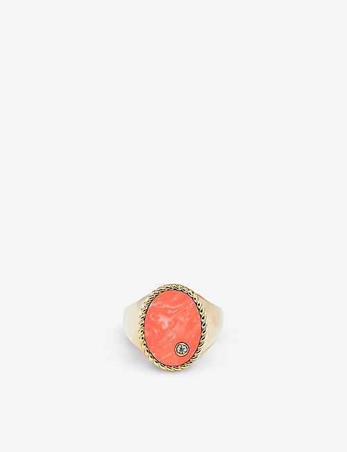 YVONNE LEON: Oval 9ct yellow gold, 0.015ct diamond and coral signet ring