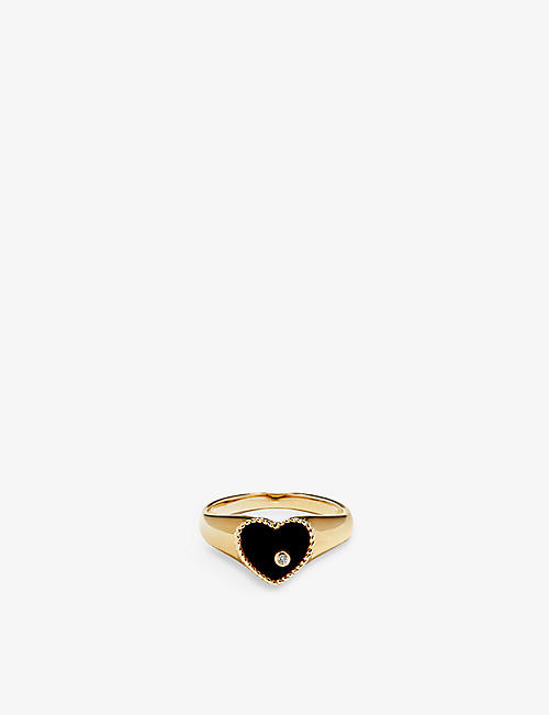 YVONNE LEON: Chevaliere Coeur 9ct yellow-gold, 0.03ct brilliant-cut diamond and 0.35ct onyx signet ring