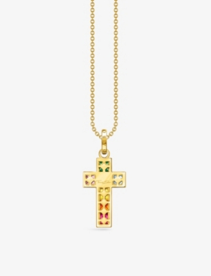 Thomas Sabo Colourful Stones Cross 18ct Yellow Gold-plated Sterling Silver And Zirconia Necklace In Multicoloured