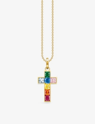 Thomas Sabo Colourful Stones Cross 18ct Yellow Gold-plated Sterling Silver And Zirconia Necklace In Multicoloured