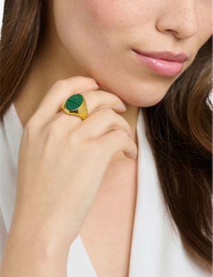 THOMAS SABO: Engraved 18ct yellow gold-plated sterling silver and malachite ring