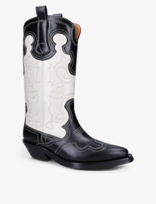Shop Ganni Women's Blk/beige Mid Shaft Western Leather Boots